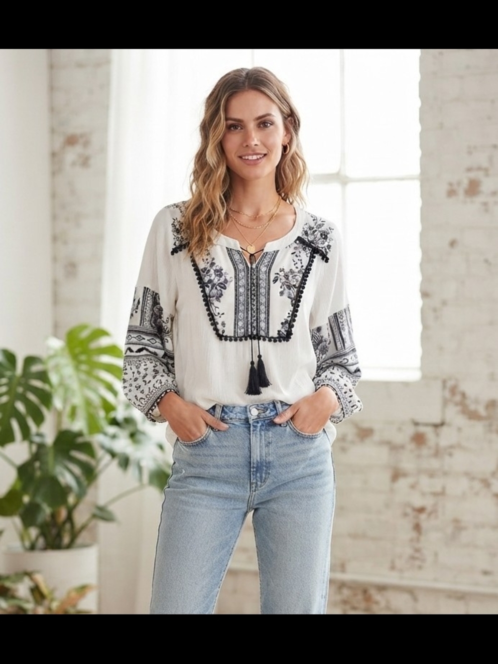 fig and flower White Blouse with Black Floral Embroidery